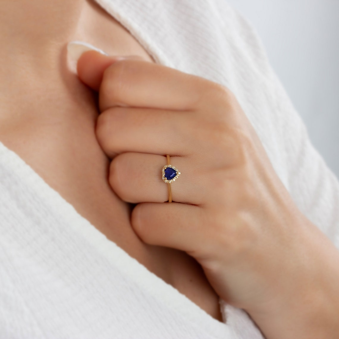 Real Diamond Heart Sapphire Ring 8K/10K/14K Solid Gold