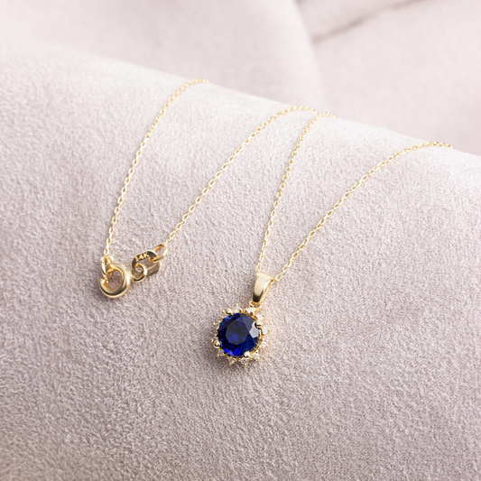 Round Sapphire Necklace with Real Diamonds, 8K/10K/14K Solid Gold September Birthstone