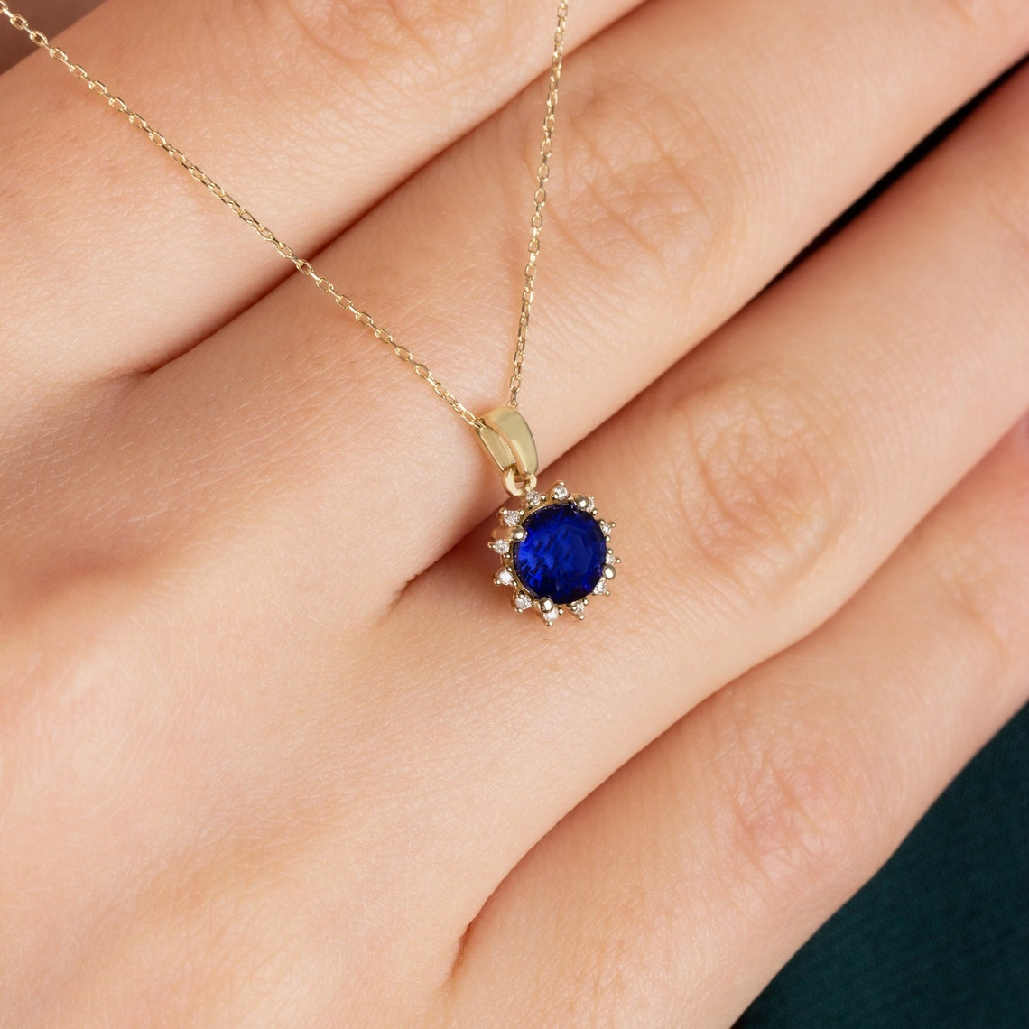 Round Sapphire Necklace with Real Diamonds, 8K/10K/14K Solid Gold September Birthstone