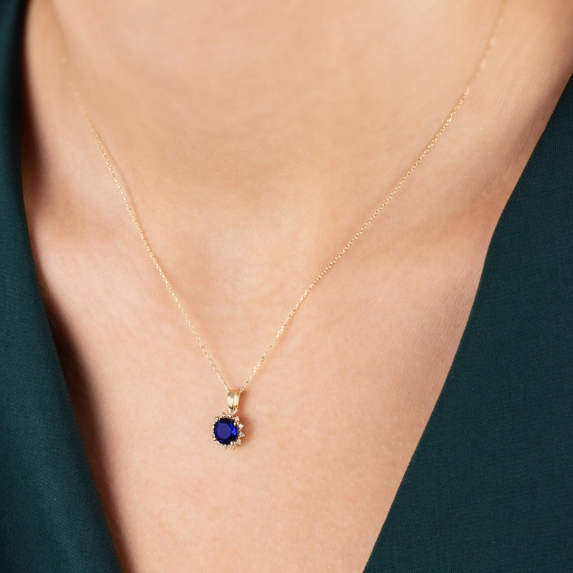 Round Sapphire Necklace with Real Diamonds, 8K/10K/14K Solid Gold September Birthstone