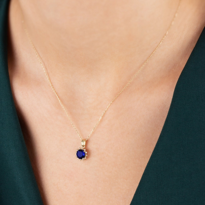 Round Sapphire Necklace with Real Diamonds, 8K/10K/14K Solid Gold September Birthstone