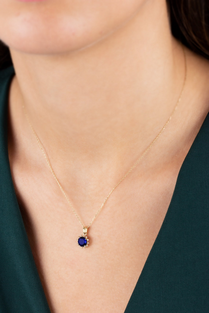 Round Sapphire Necklace with Real Diamonds, 8K/10K/14K Solid Gold September Birthstone