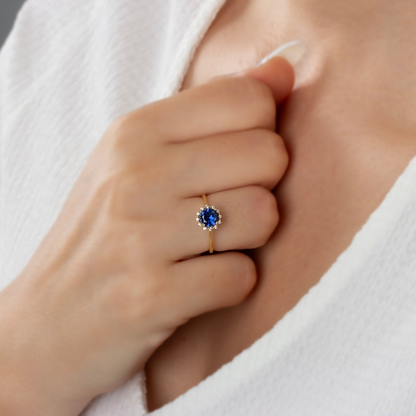 Round Sapphire Ring with Real Diamond Around 14K Solid Gold, September Birthstone