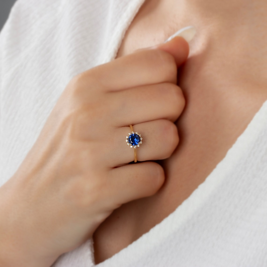 Round Sapphire Ring with Real Diamond Around 14K Solid Gold, September Birthstone