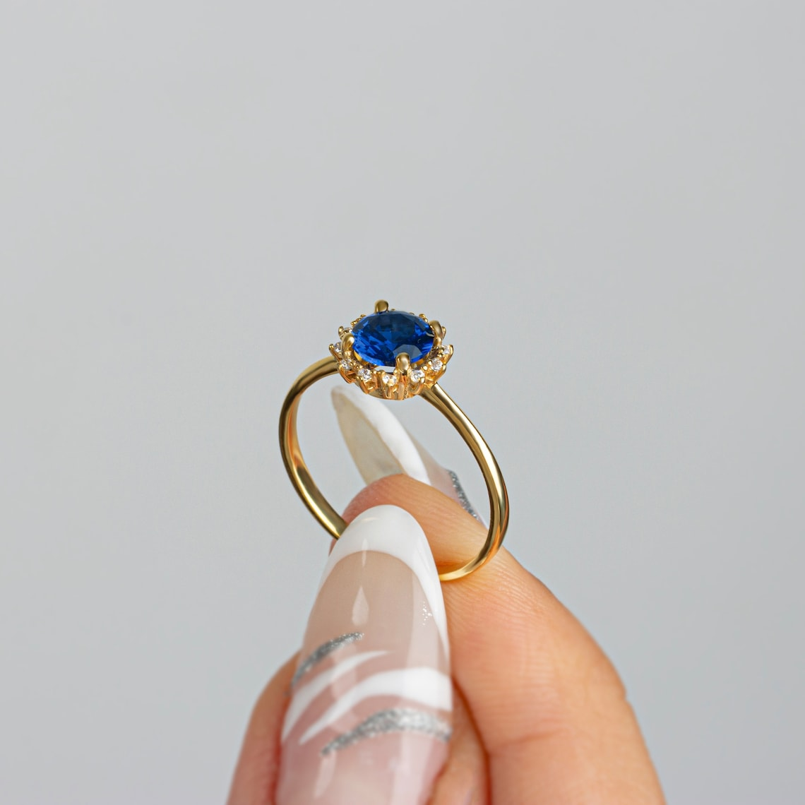 Round Sapphire Ring with Real Diamond Around 14K Solid Gold, September Birthstone