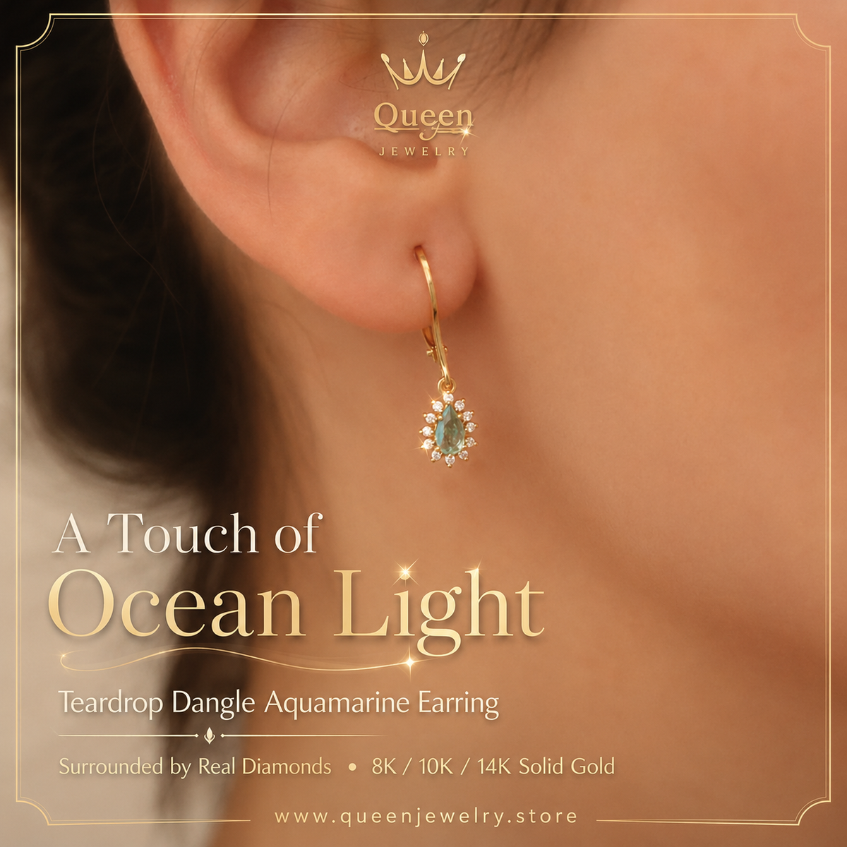 Teardrop Dangle Aquamarine Earring Surrounded by Real Diamonds 8K/10K/14K Solid Gold, March Birthstone