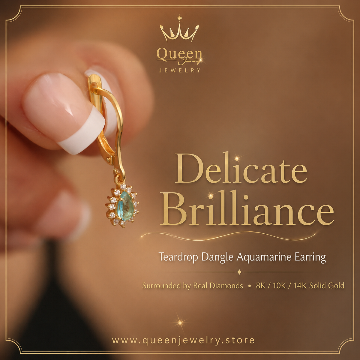 Teardrop Dangle Aquamarine Earring Surrounded by Real Diamonds 8K/10K/14K Solid Gold, March Birthstone