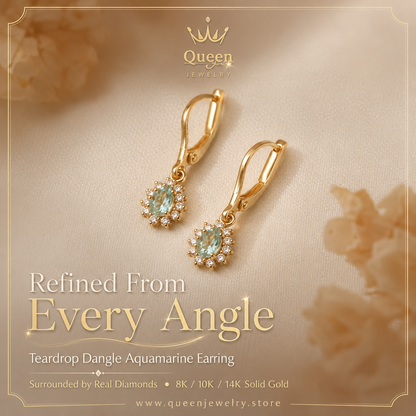 Teardrop Dangle Aquamarine Earring Surrounded by Real Diamonds 8K/10K/14K Solid Gold, March Birthstone