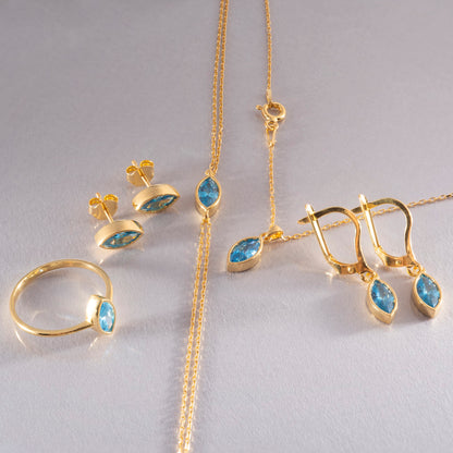 Blue Topaz Stud Earrings Bezel Marquise Cut in 14K Solid Gold, December Birthstone Jewelry Queen Jewelry Earrings