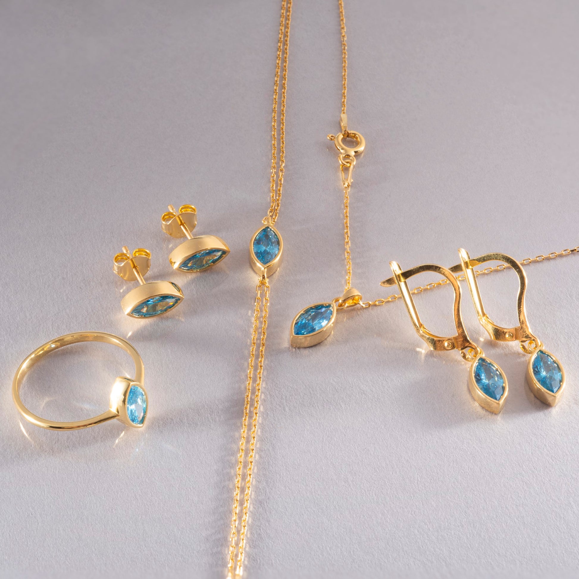 Blue Topaz Dangle Earrings Bezel Marquise Cut in 14K Solid Gold, December Birthstone Jewelry Queen Jewelry Earrings
