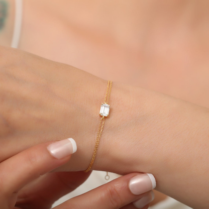 Rectangle White Topaz Bracelet 8K/10K/14K Solid Gold, Dainty Gold Baguette April Birthstone