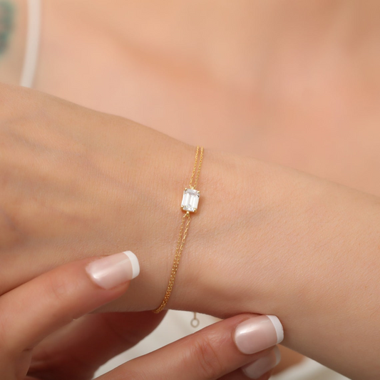 Rectangle White Topaz Bracelet 8K/10K/14K Solid Gold, Dainty Gold Baguette April Birthstone
