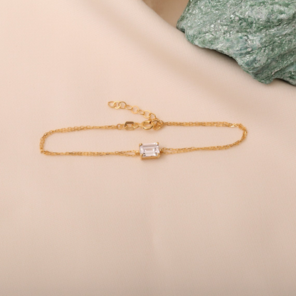 Rectangle White Topaz Bracelet 8K/10K/14K Solid Gold, Dainty Gold Baguette April Birthstone