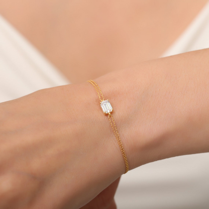 Rectangle White Topaz Bracelet 8K/10K/14K Solid Gold, Dainty Gold Baguette April Birthstone