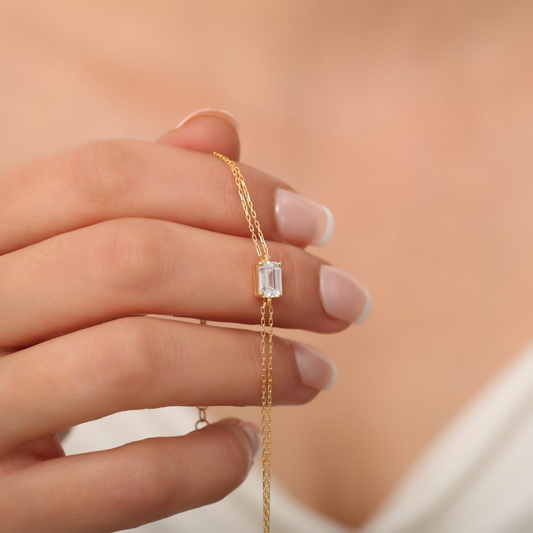 Rectangle White Topaz Bracelet 8K/10K/14K Solid Gold, Dainty Gold Baguette April Birthstone