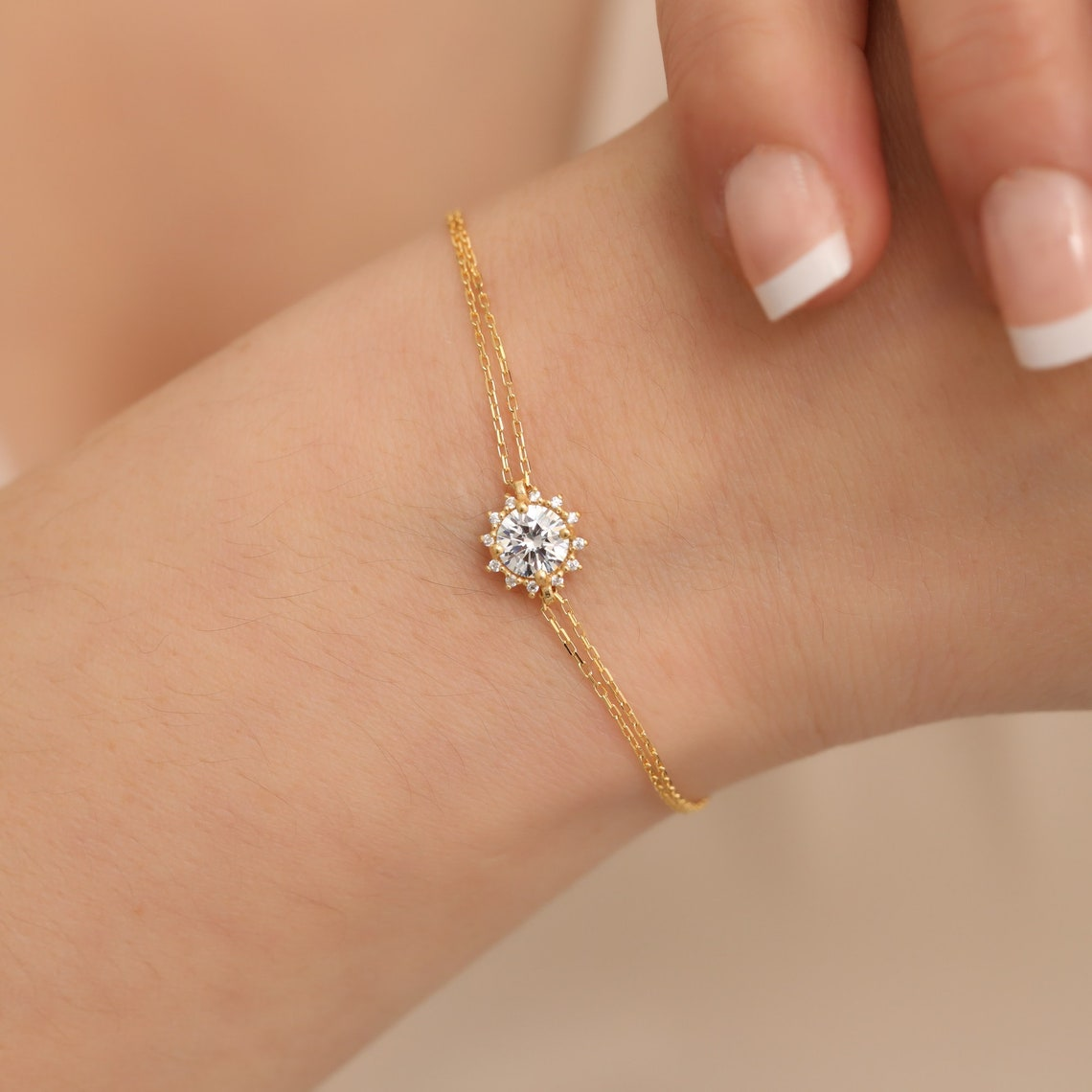 Round White Topaz Bracelet with Real Diamond, 8K/10K/14K Solid Gold, April Birthstone