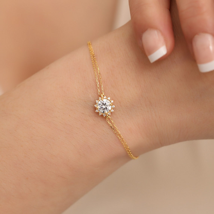 Round White Topaz Bracelet with Real Diamond, 8K/10K/14K Solid Gold, April Birthstone
