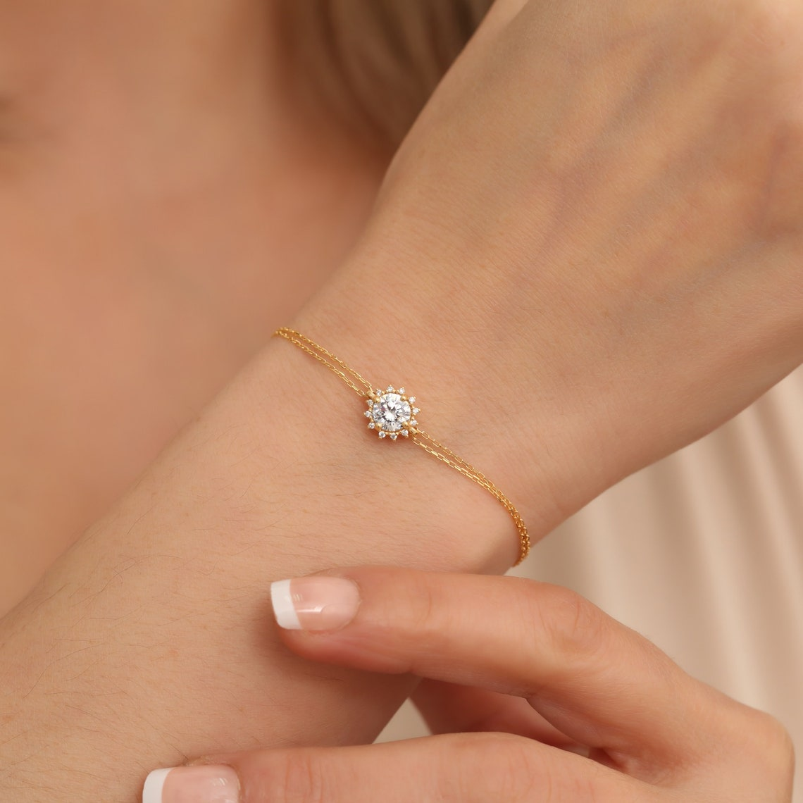 Round White Topaz Bracelet with Real Diamond, 8K/10K/14K Solid Gold, April Birthstone
