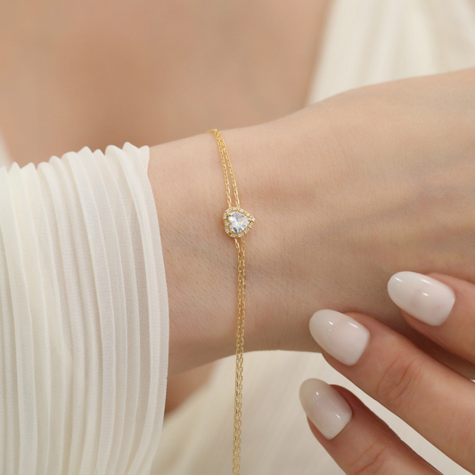 White Topaz Heart Bracelet with Real Diamond, 8K/10K/14K Solid Gold, April Birthstone