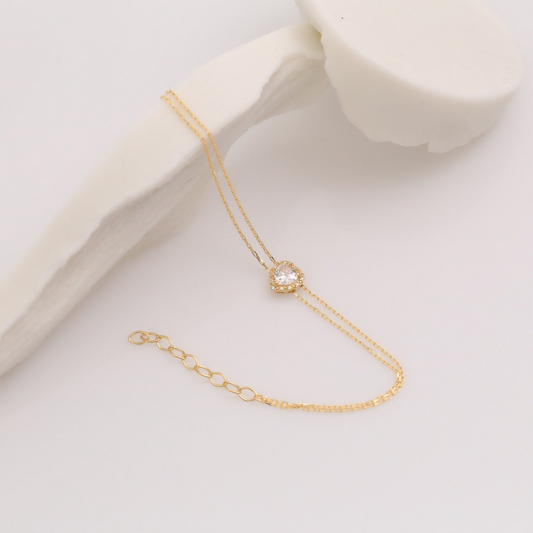 White Topaz Heart Bracelet with Real Diamond, 8K/10K/14K Solid Gold, April Birthstone