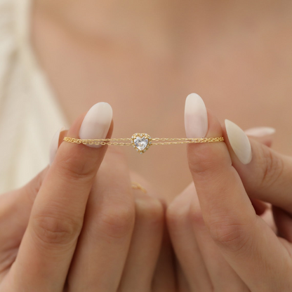 White Topaz Heart Bracelet with Real Diamond, 8K/10K/14K Solid Gold, April Birthstone