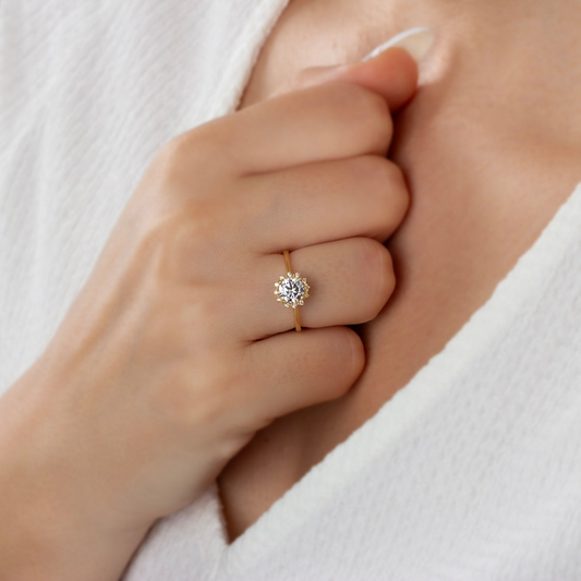Round White Topaz Ring with Real Diamond Around 14K Solid Gold, April Birthstone