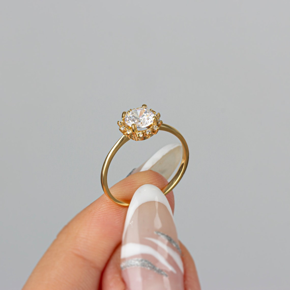 Round White Topaz Ring with Real Diamond Around 14K Solid Gold, April Birthstone