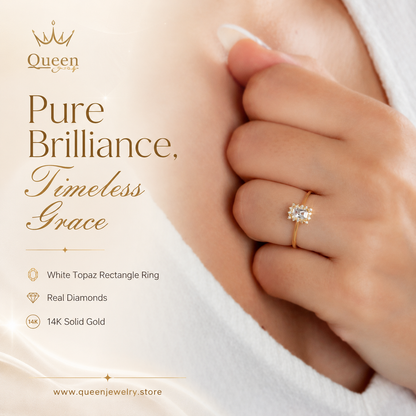 White Topaz Rectangle Ring with Real Diamonds, 14K Solid Gold
