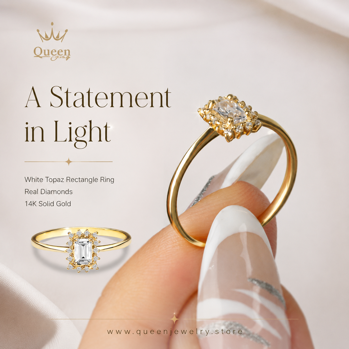 White Topaz Rectangle Ring with Real Diamonds, 14K Solid Gold