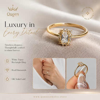 White Topaz Rectangle Ring with Real Diamonds, 14K Solid Gold