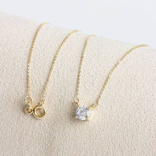 Double Hoop White Topaz Necklace 14K Solid Gold, Round April Minimalist Jewelry