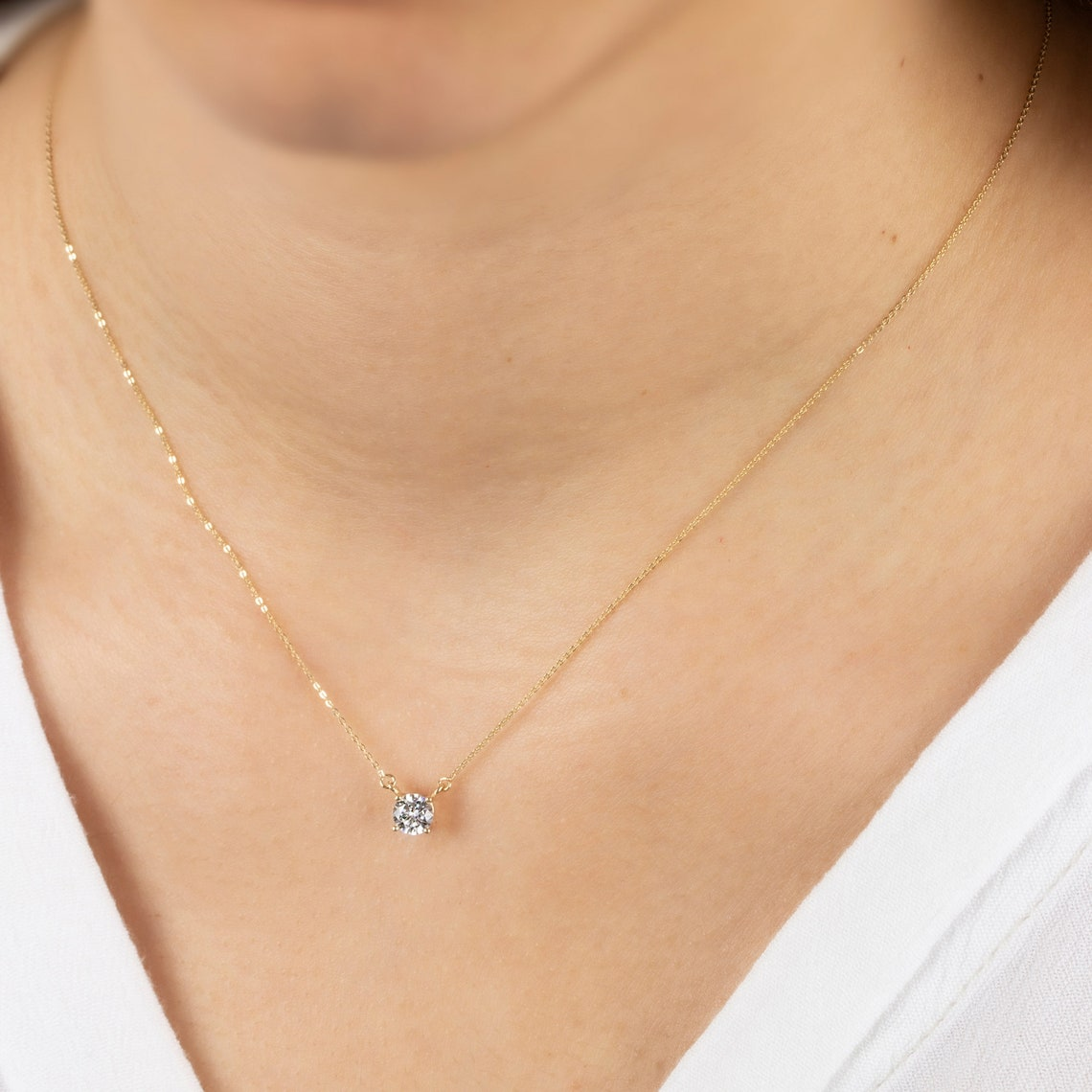 Double Hoop White Topaz Necklace 14K Solid Gold, Round April Minimalist Jewelry