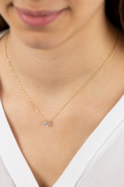 Double Hoop White Topaz Necklace 14K Solid Gold, Round April Minimalist Jewelry