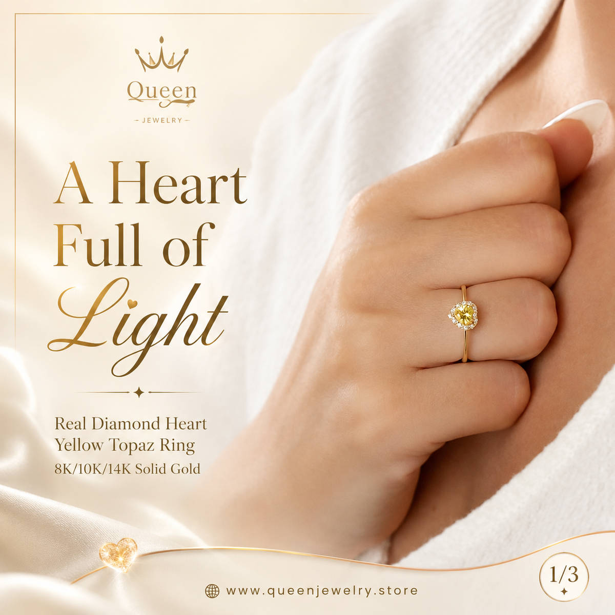 Real Diamond Heart Yellow Topaz Ring 8K/10K/14K Solid Gold