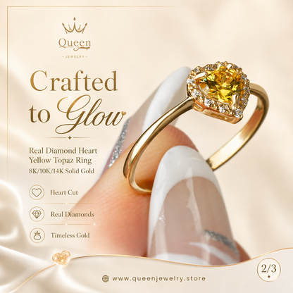 Real Diamond Heart Yellow Topaz Ring 8K/10K/14K Solid Gold