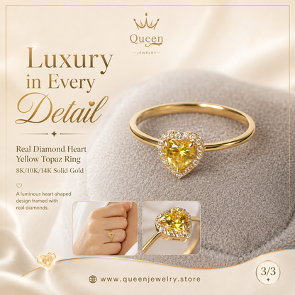 Real Diamond Heart Yellow Topaz Ring 8K/10K/14K Solid Gold