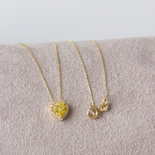 Yellow Topaz Heart Necklace with Real Diamond, 8K/10K/14K Solid Gold