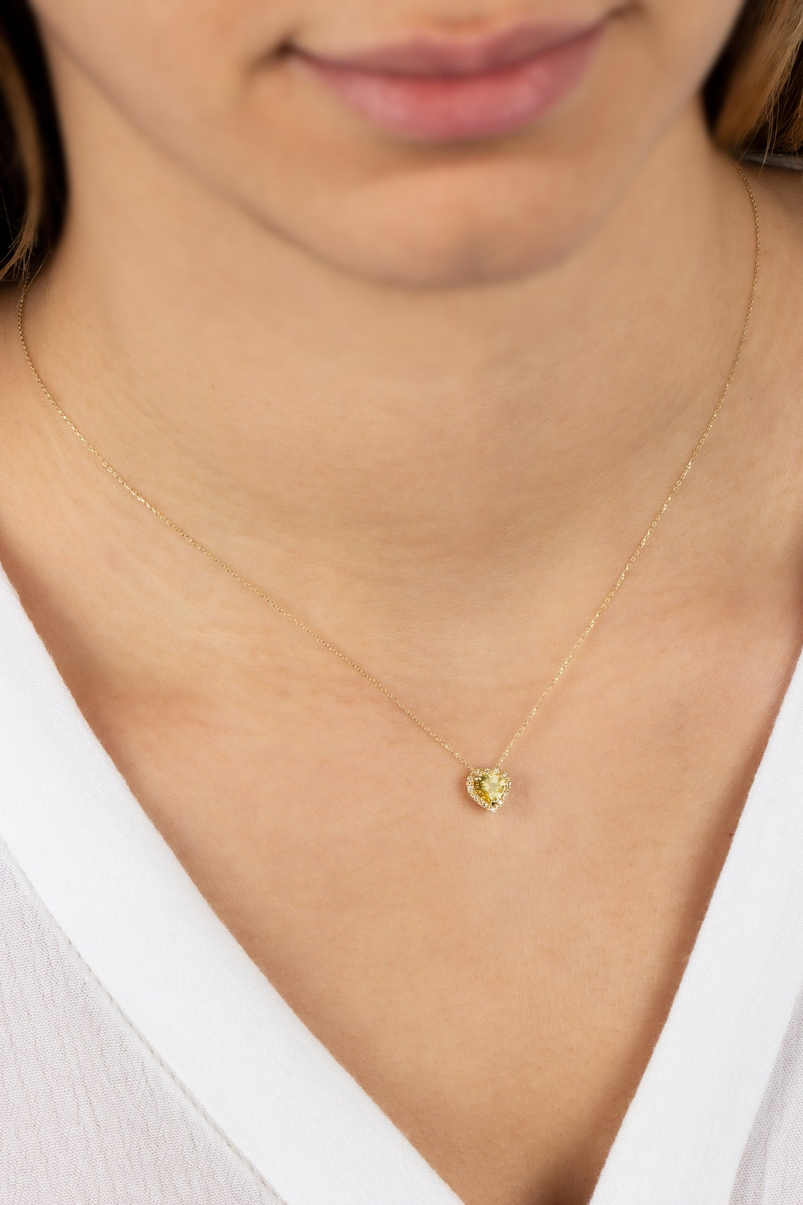Yellow Topaz Heart Necklace with Real Diamond, 8K/10K/14K Solid Gold
