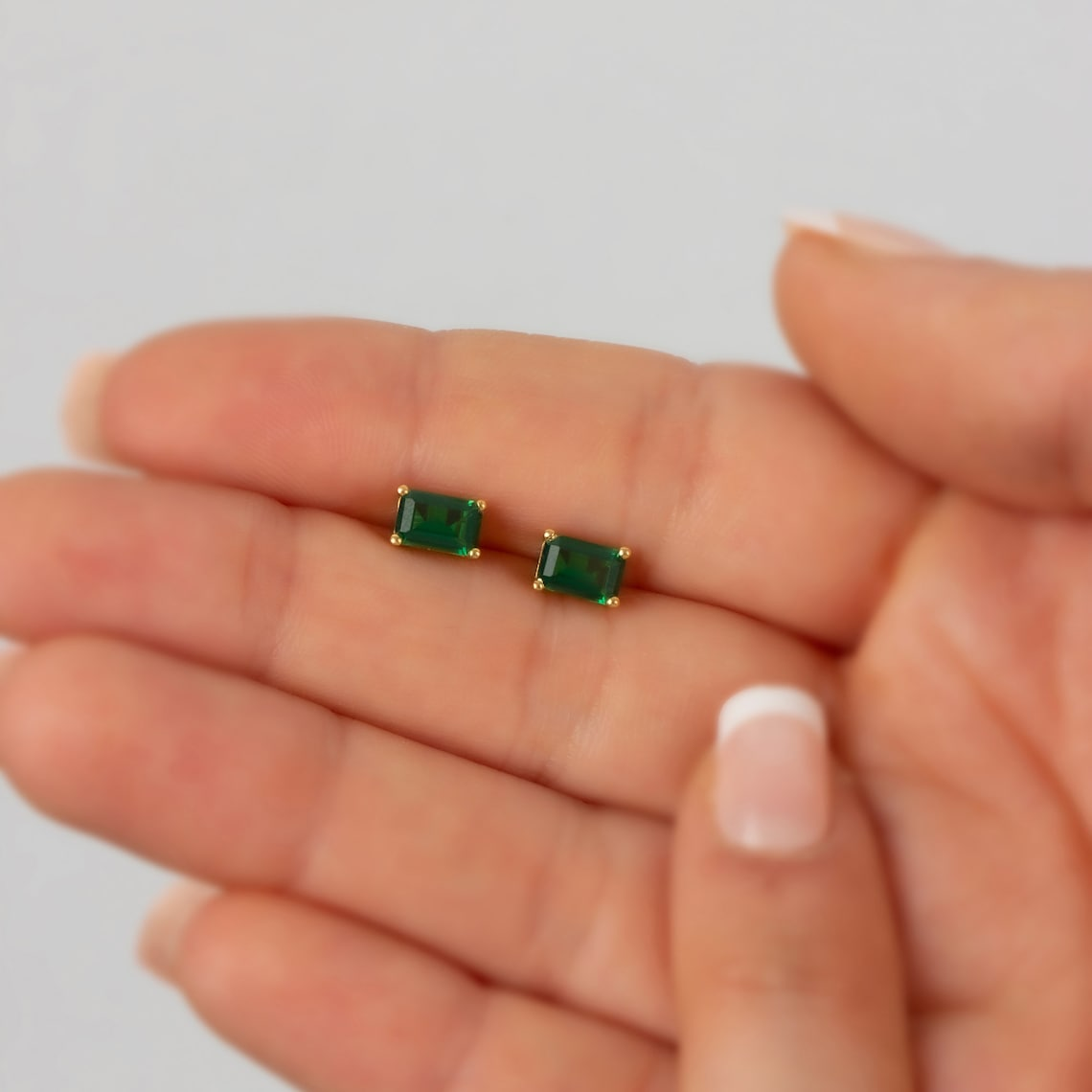Emerald Rectangle Stud Earring in 10K/14K Solid Gold, May Birthstone