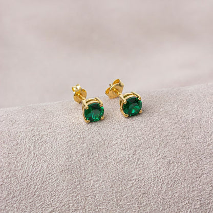 Round Emerald Stud Earrings 10K/14K Solid Gold, May Birthstone