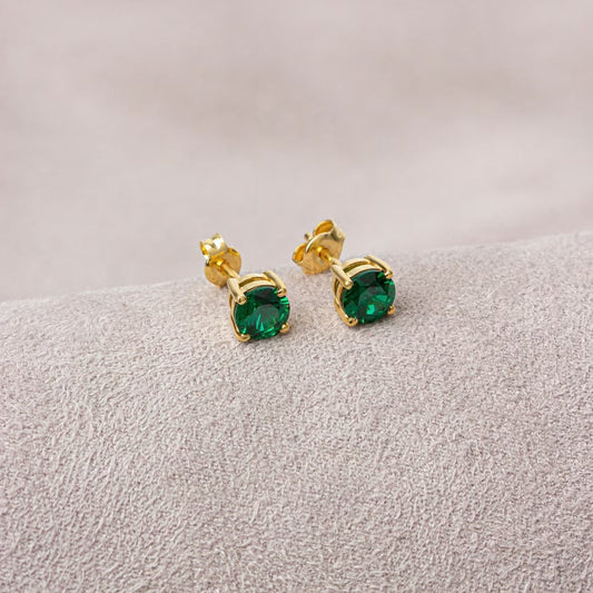 Round Emerald Stud Earrings 10K/14K Solid Gold, May Birthstone
