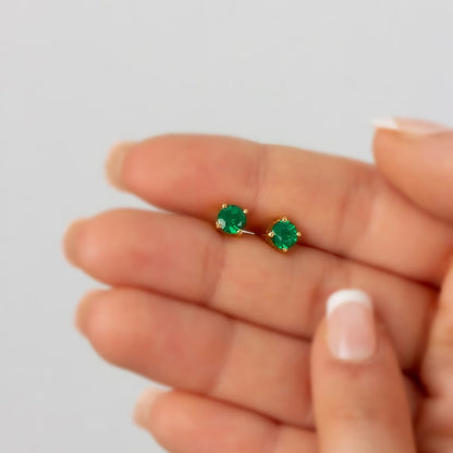 Round Emerald Stud Earrings 10K/14K Solid Gold, May Birthstone