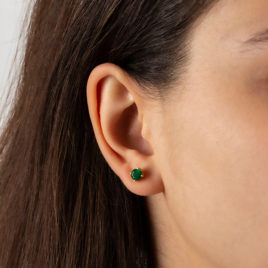 Round Emerald Stud Earrings 10K/14K Solid Gold, May Birthstone