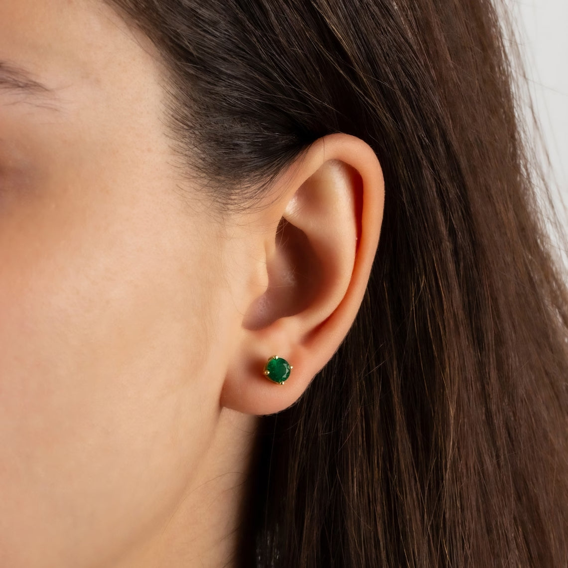 Round Emerald Stud Earrings 10K/14K Solid Gold, May Birthstone