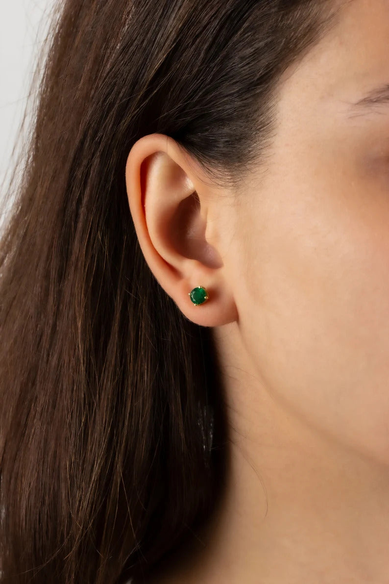 Round Emerald Stud Earrings 10K/14K Solid Gold, May Birthstone