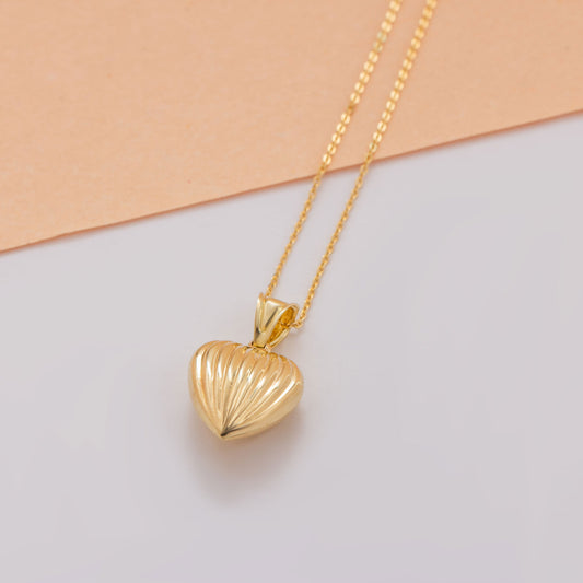 Ribbed Heart Necklace 14K Solid Gold Pendant