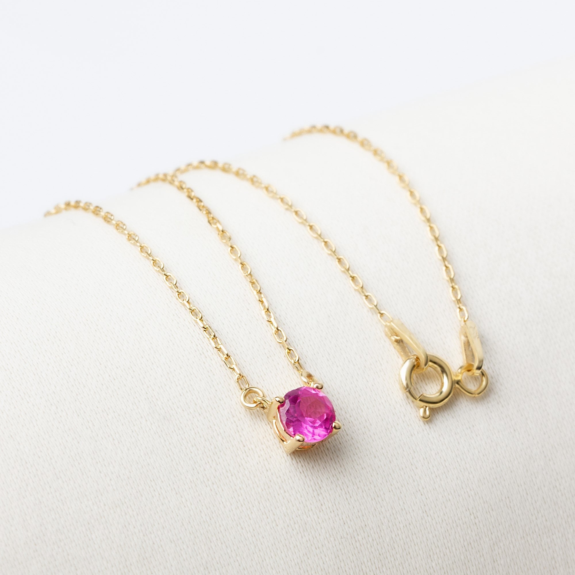 Round Pink Sapphire Necklace 14K Solid Gold, Elegant Design Minimalist Birthstone Necklace,Perfect Gift for Mother's Day - Girlfriend - Wife