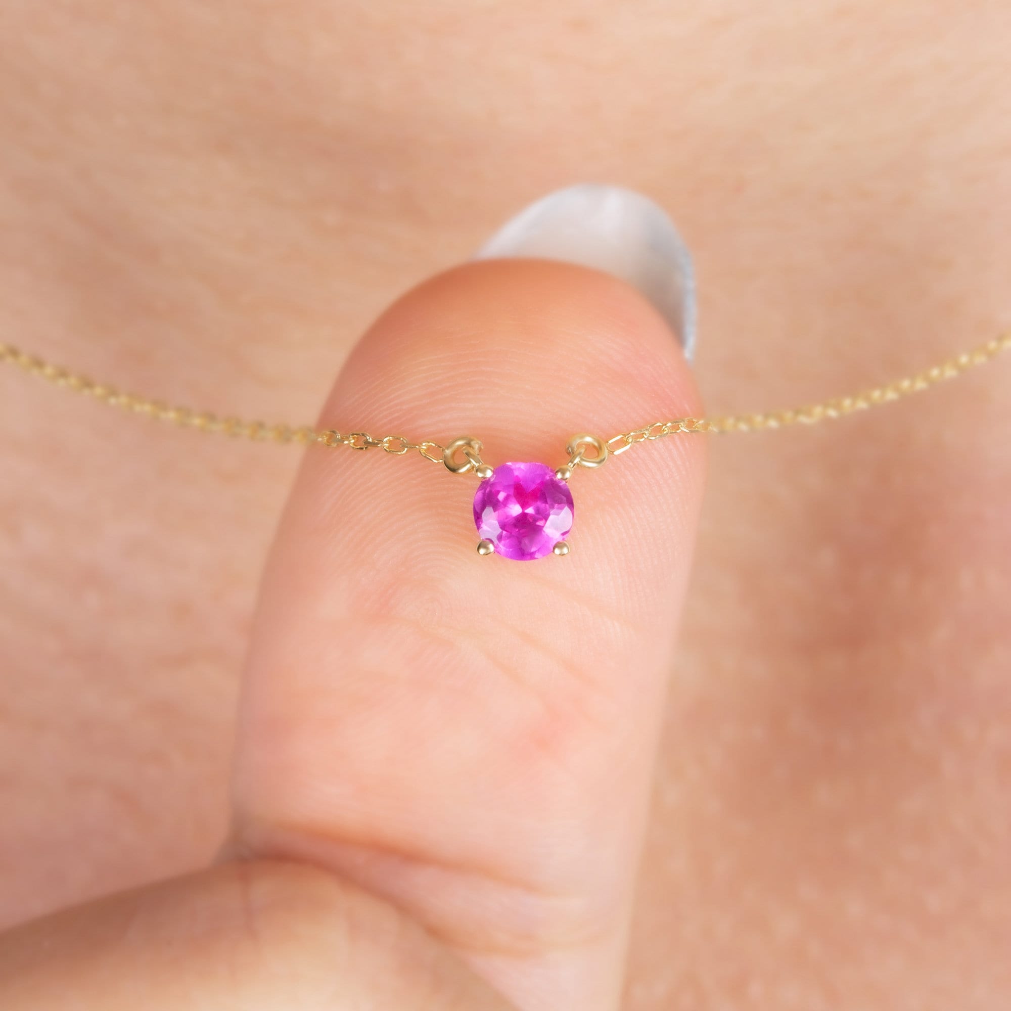 Round Pink Sapphire Necklace 14K Solid Gold, Elegant Design Minimalist Birthstone Necklace,Perfect Gift for Mother's Day - Girlfriend - Wife