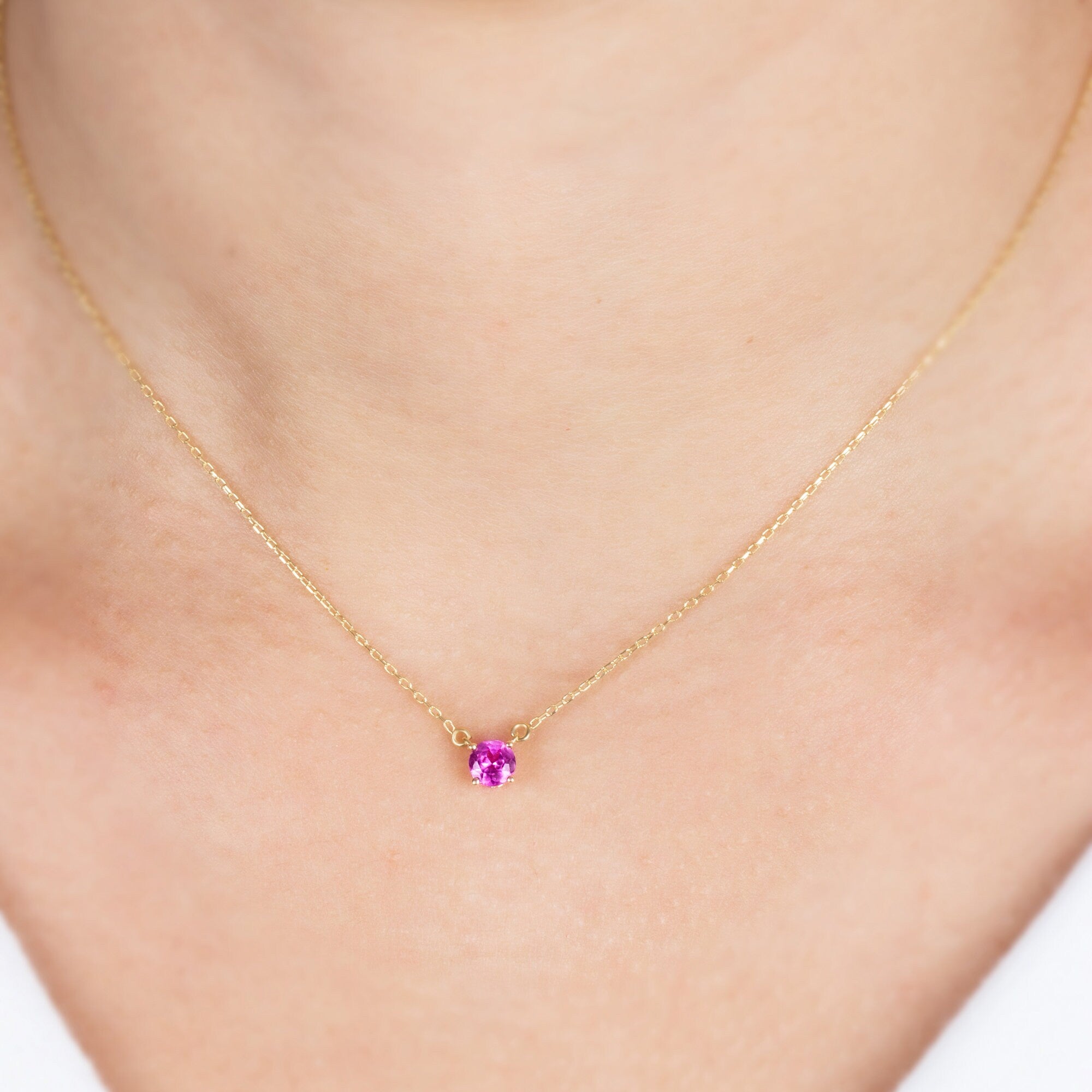 Round Pink Sapphire Necklace 14K Solid Gold, Elegant Design Minimalist Birthstone Necklace,Perfect Gift for Mother's Day - Girlfriend - Wife
