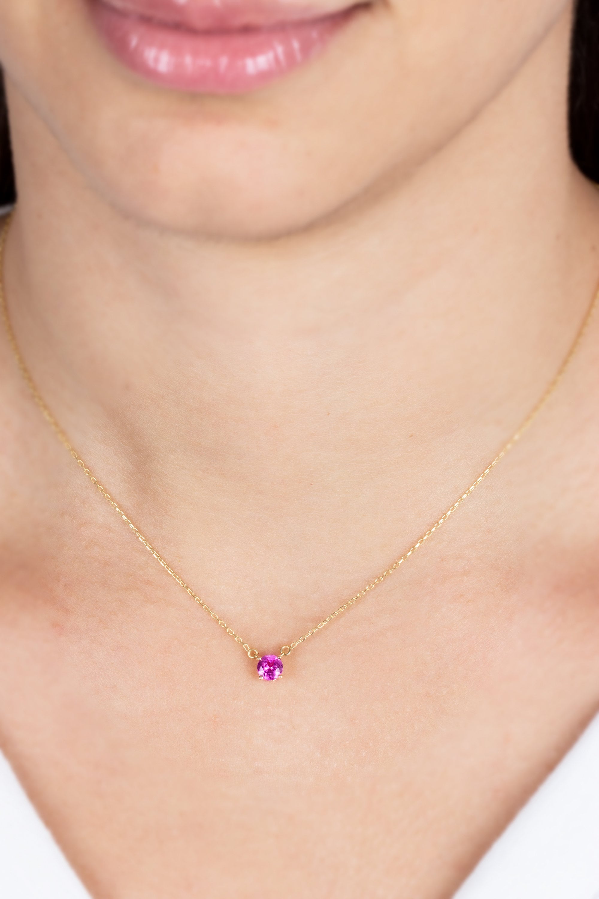 Round Pink Sapphire Necklace 14K Solid Gold, Elegant Design Minimalist Birthstone Necklace,Perfect Gift for Mother's Day - Girlfriend - Wife